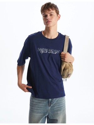 Xsıde Lacivert Bisiklet Yaka New York Baskılı Erkek Tişört