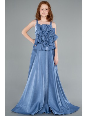 Askılı Gül Detaylı Uzun Kız Çocuk Abiye ABU4831