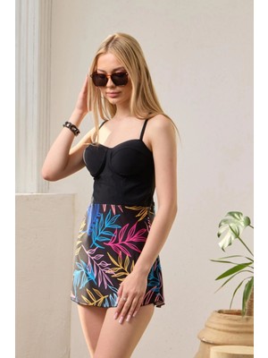 Kaplı Elbise Mayo Şortlu Siyah Renkli Yaprak Siyah