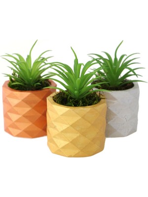 Yapay Sukulent Kaktüs Mini Beton Saksıda 3lü Set (Bakır-Altın-Gümüş) Succulent