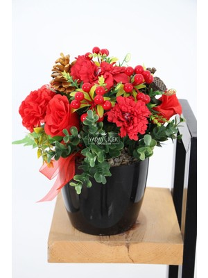 Yapay Yeni Yıl Masa Dekoru Kırmızı Çiçekler Büyük Boy