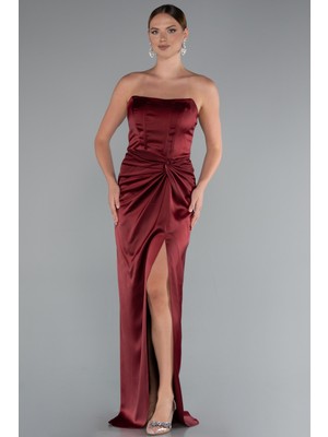 Straplez Balen Korse Yırtmaçlı Uzun Saten Abiye ABU3474