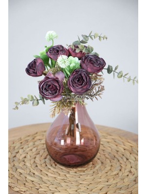 Yapay Çiçek Ara Dallı Yassı Şakayık Gül Buketi 30 cm Mürdüm