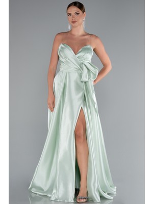 Straplez Yırtmaçlı Uzun Saten Abiye Elbise ABU3674