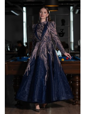 Uzun Kol Taşlı Midi Tesettür Abiye Elbise ABK2311