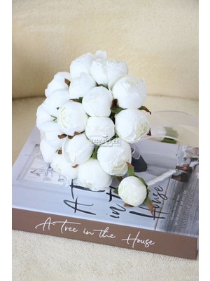 Yapay Çiçek Deposu Beyaz Şakayık Güller Gelin Buketi 17LI Gerçekçi Görünüm ile Düğün Süsleme