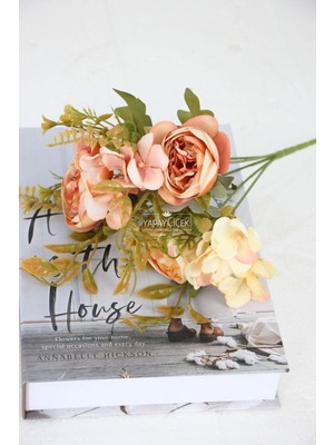 Yapay Mini Garnitürlü Şakayık-Ortanca Demeti Kahve-Krem