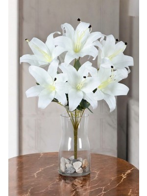 Yapay Çiçek Deposu 9 Dal Beyaz Islak Lilyum Demeti Uzun Ömürlü Dekoratif Çiçek