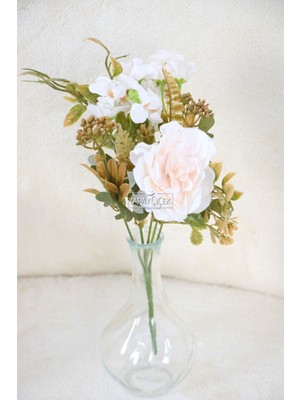 Yapay Mini Garnitürlü Çalı Gülü-Ortanca Demeti Krem