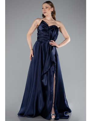 Straplez Bacak Dekolteli Uzun Saten Abiye ABU4561