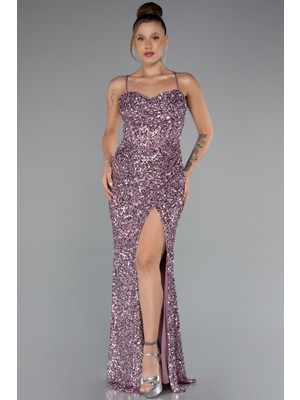 Yırtmaçlı Göğüs Drapeli Uzun Pullu Abiye Elbise ABU4842