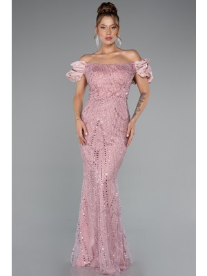 Kısa Kol Boncuklu Uzun Büyük Beden Abiye ABU4788