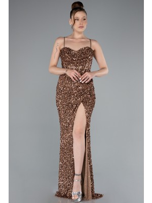 Yırtmaçlı Göğüs Drapeli Uzun Pullu Abiye Elbise ABU4842