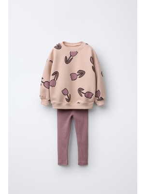Kız Çocuk Pamuklu Çiçek Desenli Sweatshirt ve Tayt Alt-Üst Takım - Günlük Takım