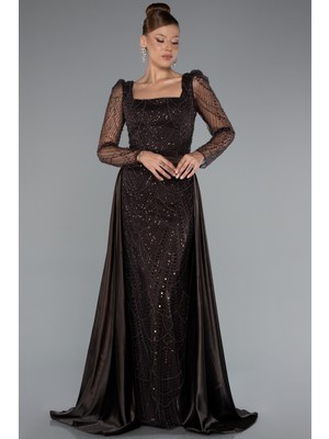 Taşlı Uzun Kol Saten Kuyruklu Büyük Beden Abiye ABU4761