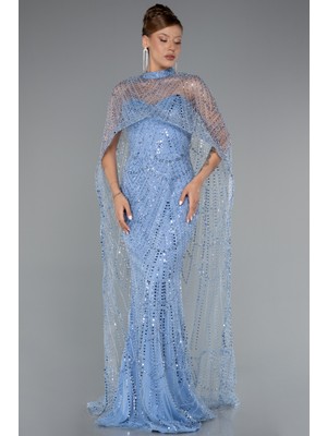 Straplez Boncuk Işlemeli Şal Detaylı Uzun Abiye ABU4517