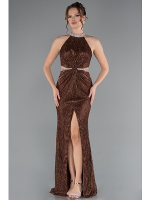 Halter Yaka Bacak Dekolteli Uzun Simli Abiye ABU4324