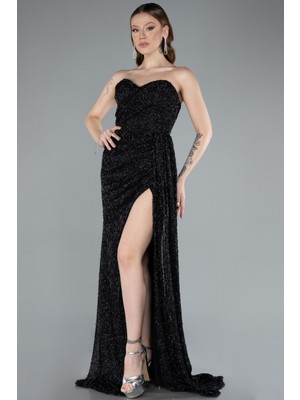 Straplez Yırtmaçlı Uzun Boncuklu Abiye ABU4871