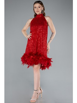 Halter Yaka Eteği Otrişli Kısa Pul Payet Abiye ABK2348