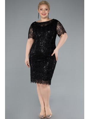 Kısa Kol Midi Boncuklu Büyük Beden Abiye Elbise ABK2330