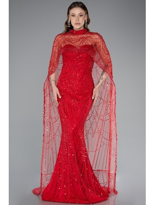 Straplez Boncuk Işlemeli Şal Detaylı Uzun Abiye ABU4517