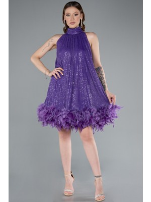 Halter Yaka Eteği Otrişli Kısa Pul Payet Abiye ABK2348