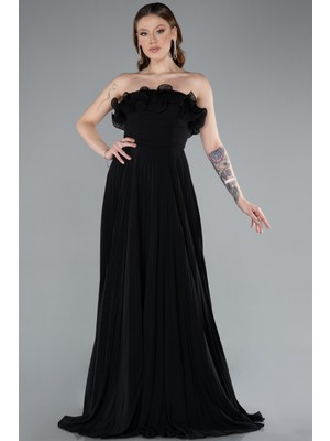 Straplez Piliseli Uzun Şifon Mezuniyet Elbisesi ABU4866