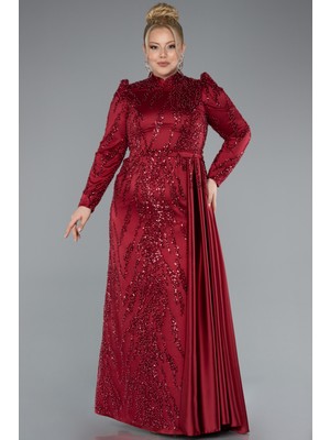 Dik Yaka Boncuklu Uzun Kol Büyük Beden Tesettür Abiye ABU4942