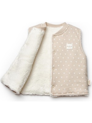 Unisex Bebek Organik Pamuklu Bej Puantiyeli Pelüş Astarlı Yelek
