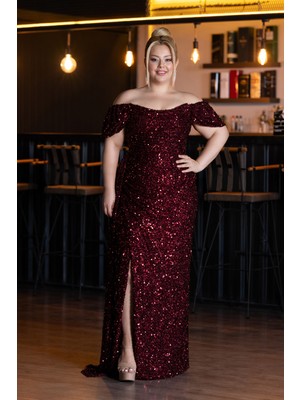 Kayık Yaka Yırtmaçlı Uzun Pullu Büyük Beden Abiye ABU4863