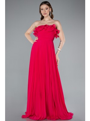 Straplez Piliseli Uzun Şifon Mezuniyet Elbisesi ABU4866