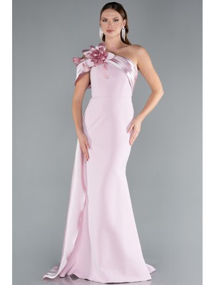 Saten Tek Omuz Fiyonk Detay Kuyruklu Uzun Abiye ABU4904