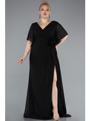 Kısa Kol Bacak Dekolteli Uzun Şifon Büyük Beden Abiye ABU4911