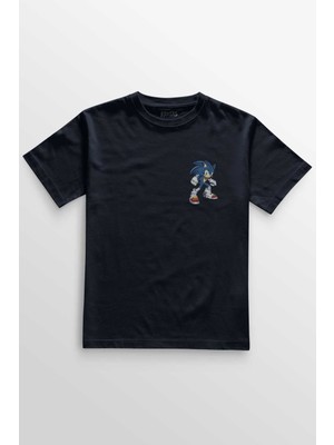 Unisex Lacivert T-Shirt Sonic The Hedgehog Boom Cartoon Sonic Minimal Ön Baskılı Tişört