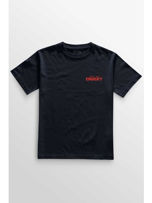 Unisex Lacivert T-Shirt Cult Of Chucky 1988 Korku Film Çaki Minimal Ön Baskılı Tişört