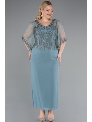 Taşlı V Yaka Kapri Kol Midi Büyük Beden Abiye ABK2333