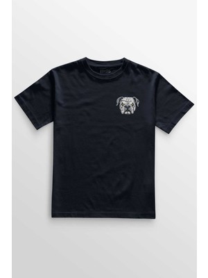 Unisex Lacivert T-Shirt Bulldog Boks Minimal Ön Baskılı Tişört Regular Fit