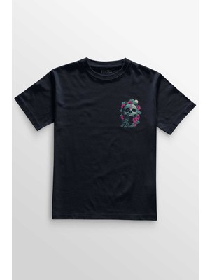 Unisex Lacivert T-Shirt Sugar Skull Skeleton Rose Kuru Kafa Gül Minimal Ön Baskılı Tişört