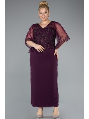 Taşlı V Yaka Kapri Kol Midi Büyük Beden Abiye ABK2333