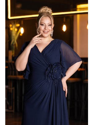 Kısa Kol Bacak Dekolteli Uzun Şifon Büyük Beden Abiye ABU4911