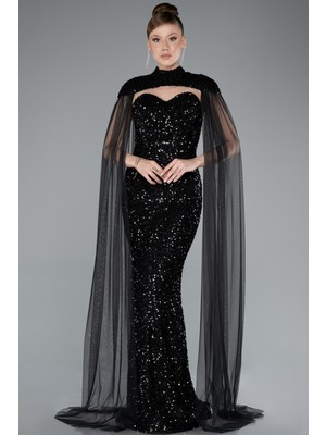 Tül Pelerinli Straplez Uzun Pullu Abiye ABU4910