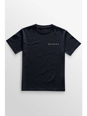 Unisex Lacivert T-Shirt Film Friends Yazı Minimal Ön Baskılı Tişört