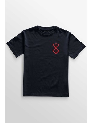 Unisex Lacivert T-Shirt Berserk Anime Kuru Kafa Skull Kılıç ve Büyü Guts Minimal Ön Baskılı Tişört