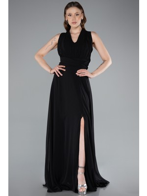 Bacak Dekolteli Uzun Şifon Mezuniyet Elbisesi ABU4965