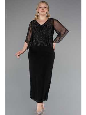 Taşlı V Yaka Kapri Kol Midi Büyük Beden Abiye ABK2333