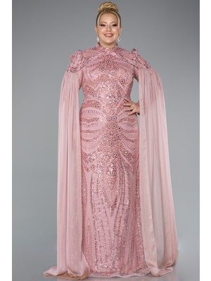 Boncuklu Dik Yaka Uzun Kol Büyük Beden Tesettür Abiye ABU4935