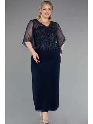 Taşlı V Yaka Kapri Kol Midi Büyük Beden Abiye ABK2333