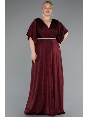 Kısa Kol Beli Taşlı Uzun Simli Büyük Beden Abiye ABU4914