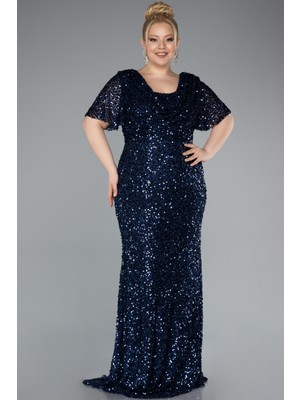 Kısa Kol Degaje Yaka Uzun Pullu Büyük Beden Abiye ABU4926