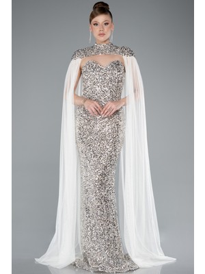 Tül Pelerinli Straplez Uzun Pullu Abiye ABU4910